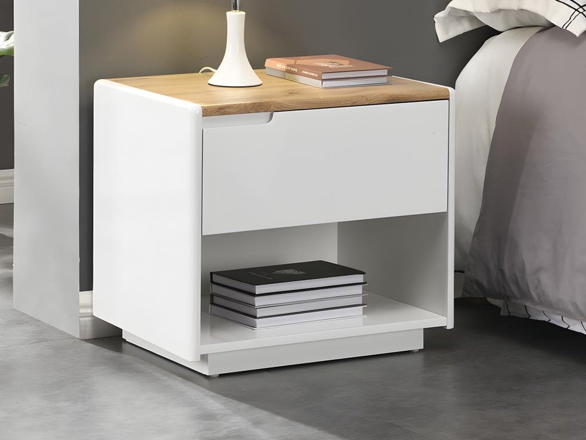 Vente-unique Set van 2 nachtkastjes - 1 lade en 1 nis - MDF - Wit gelakt en eiken - AMANI Natuurlijk licht, Wit