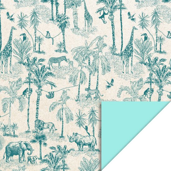 1 rol Cadeaupapier 70cm breed - Vintage Jungle Jade Blue - Mint