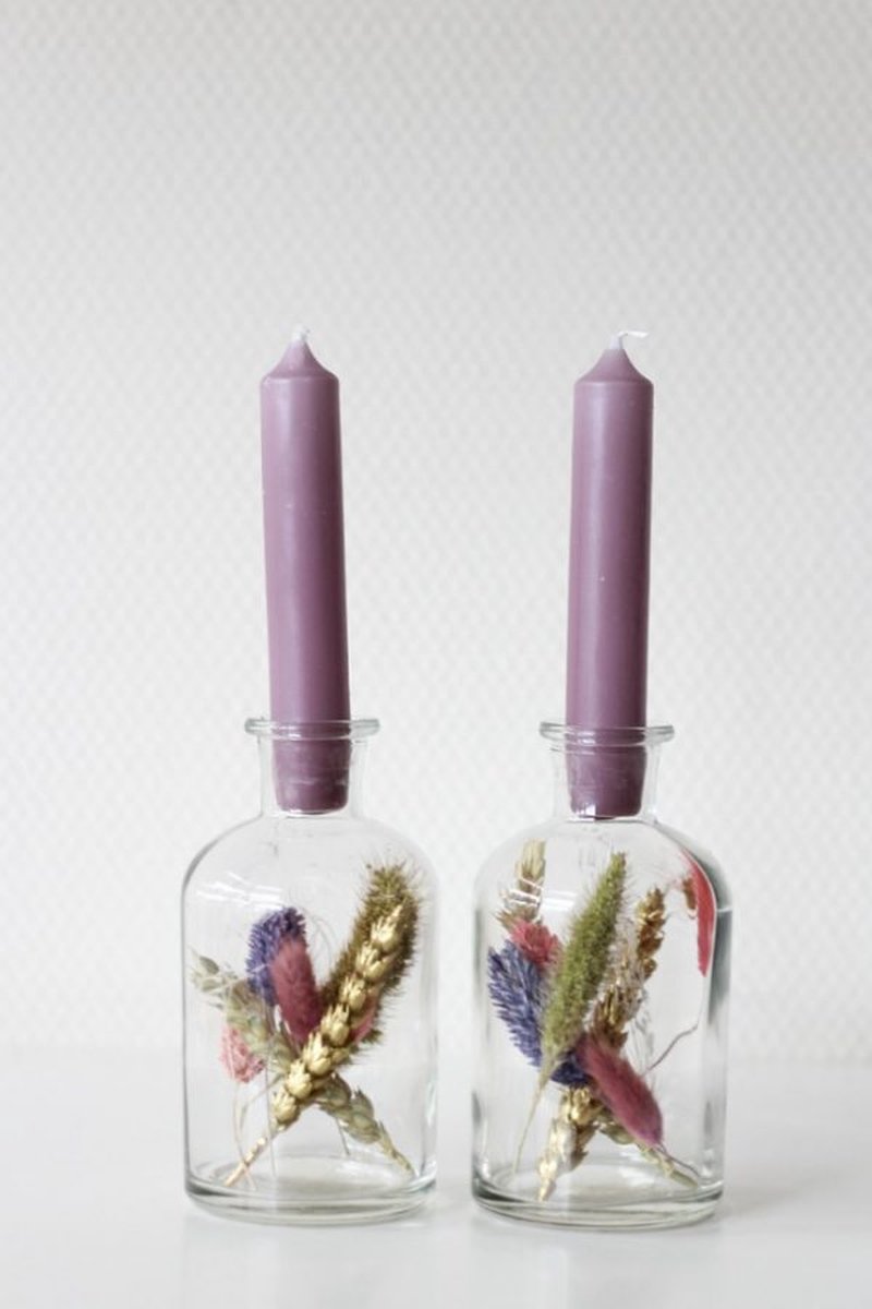 Vaasjes met droogbloemen en kaarsjes – Mauve – 2 stuks - Cadeau voor huis - Huisdecoratie - Kaarsen - Kaarsen met droogbloemen - Droogbloemen - Cadeau - La Florista