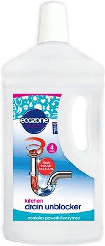 Witte fles met handvat. Label toont "ecozone kitchen drain unblocker" en een illustratie van een verstopte afvoer die wordt opgelost.