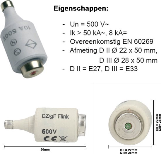 Witte keramische DII/DIII zekeringpatroon, 500V met technische specificaties en maataanduidingen.