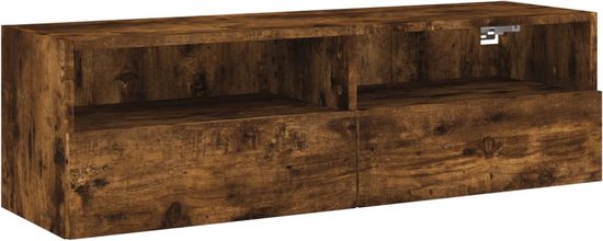 Meuble TV marron avec compartiments ouverts et portes abattantes, en perspective.