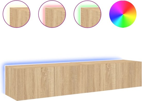 Zwevend tv-meubel met 4 deuren in sonoma eikenkleur, houtnerf, met voorbeelden van blauwe, rode en groene LED-verlichting.