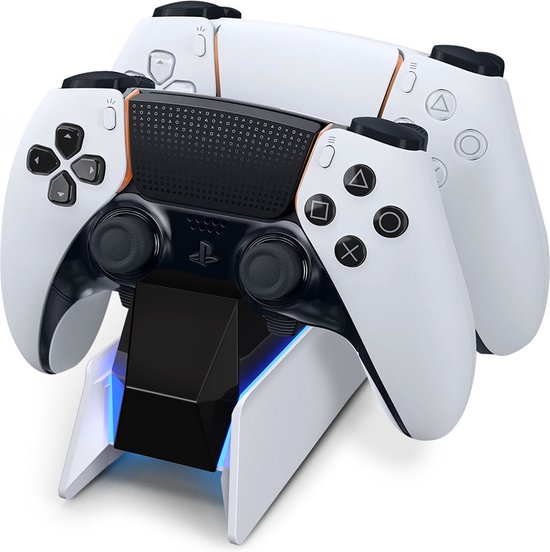 PlayCool oplaadstation met Thumb Grips geschikt voor Sony PS5 DualSense & DualSense Edge Controller | Dual charge | LED Indicatie | Charging station