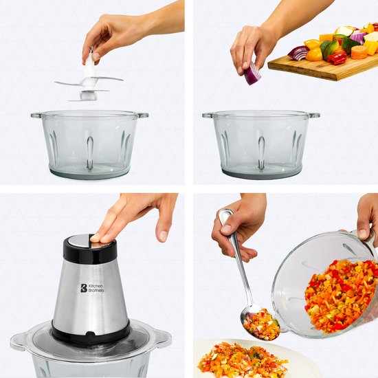 KitchenBrothers Hakmolen - 1,8L Glazen Kom - Food Chopper - BPA-Vrij - Hakmolen Elektrisch - 300W - 2 Snelheden - RVS van KitchenBrothers — afbeelding 4
