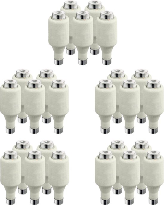 Vijf groepen van elk vijf witte keramische zekeringpatronen, totaal 25 stuks.