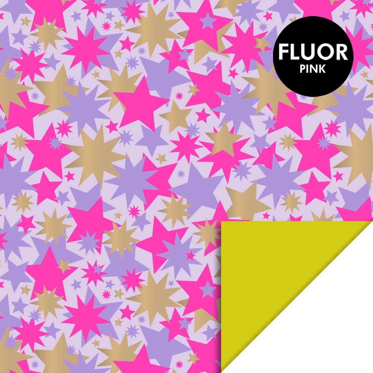 Cadeaupapier 70x300 cm - Big Stars Gold Lilac/Fluor Pink