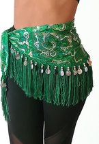 Buikdans heupsjaal sjaal buikdanssjaal groen met zilveren pailletjes en muntjes