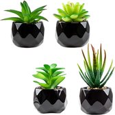 Kunstmatige vetplanten, voor binnen, set van 4 kleine nepplanten in zwarte keramische pot, groene vetplanten, kunstplant, decoratie voor raam, thuis, kantoor.