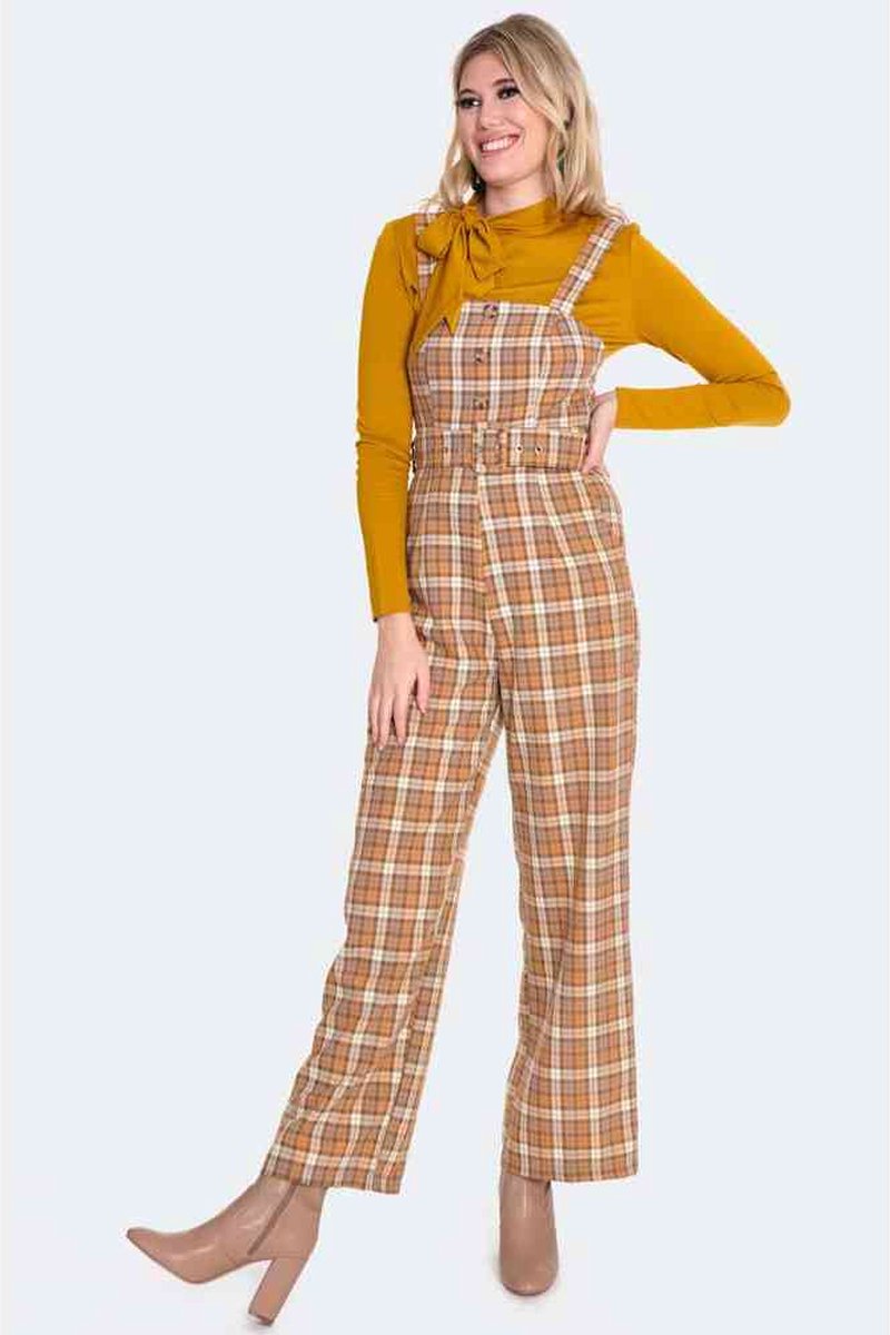 Voodoo Vixen - Plaid Cropped Pinafore Jumpsuit - XS - Bruin