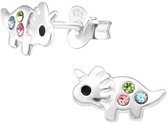 Joy|S - Zilveren dinosaurus oorbellen - 10 x 6 mm - dino oorknoppen - zilver met gekleurde kristalletjes - kinderoorbellen