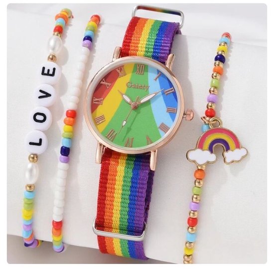 Horloge regenboog + 3 armbandjes
