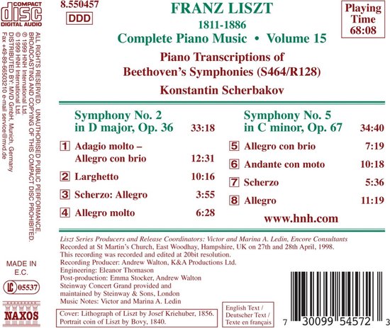 Compact disc hoes: FRANZ LISZT 1811-1886, Complete Piano Music, Volume 15, Piano Transcriptions of Beethoven's Symphonies, Konstantin Scherbakov. Inhoudsopgave.