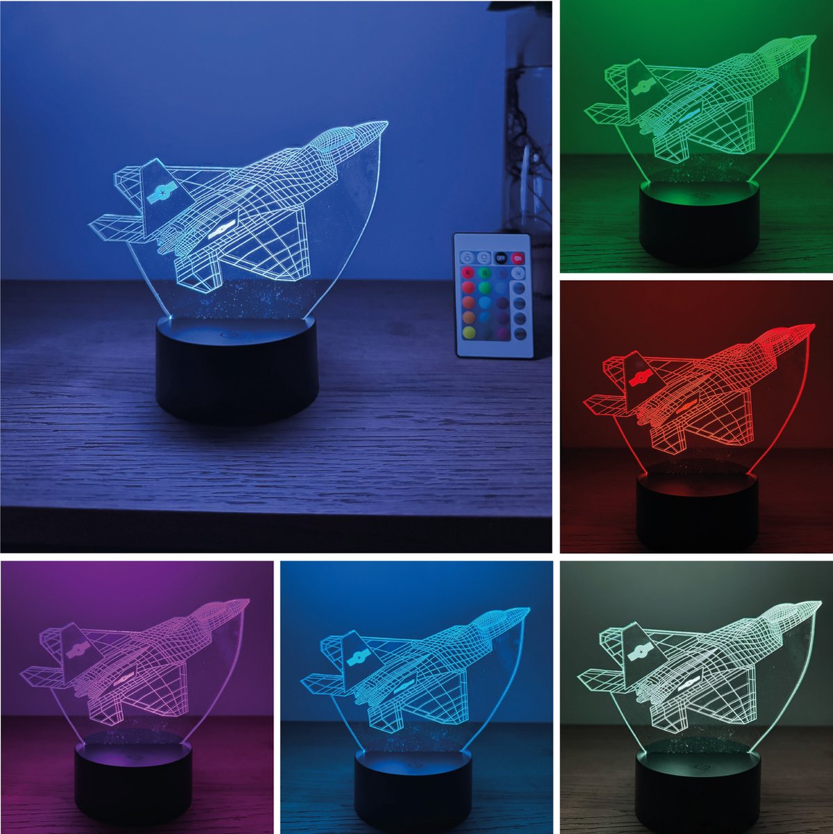 Klarigo® Nachtlamp – F35 - Straaljager - F16 - 3D LED Lamp Illusie – 16 Kleuren – Bureaulamp - Sfeerlamp – Nachtlampje Kinderen – Creative lamp - Met afstandsbediening