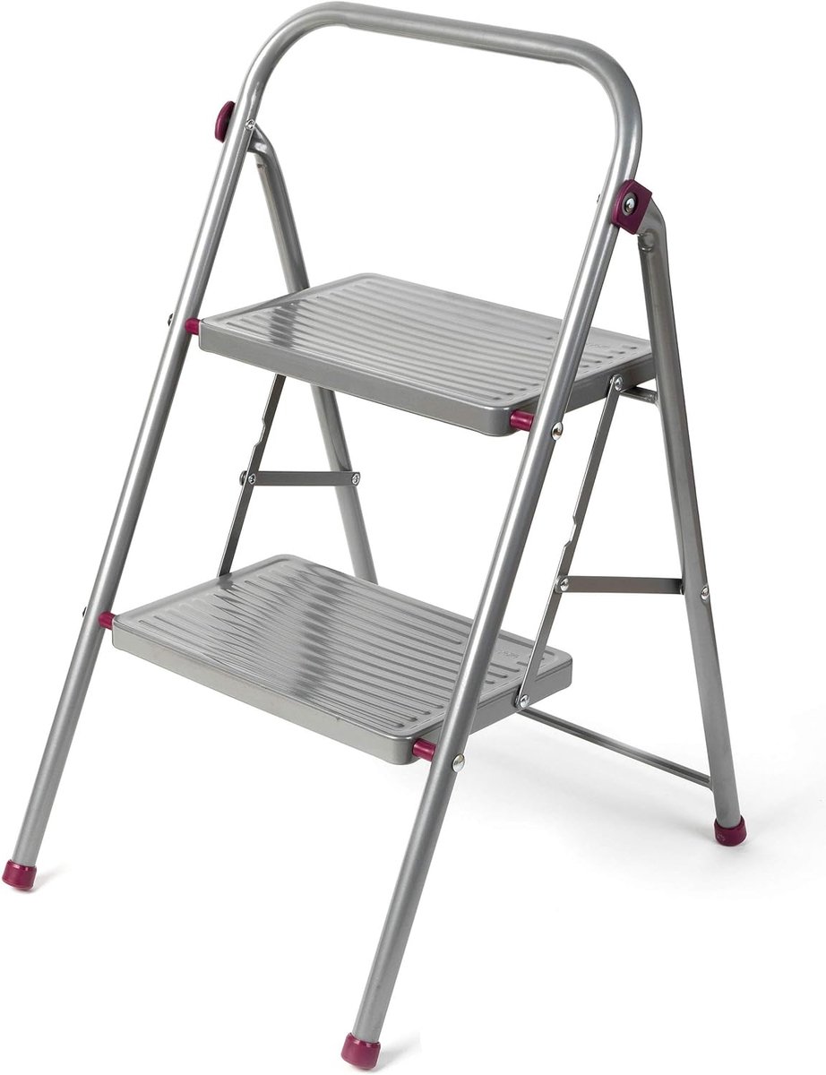 Step Folding DIY Stepladder, Non-Slip Feet, Collapsible for Compact Storage, Ergonomic & Lightweight Design, Strong Steel Structure, Safety Clip, 150kg Capacity, 80cm, Pink/Grey