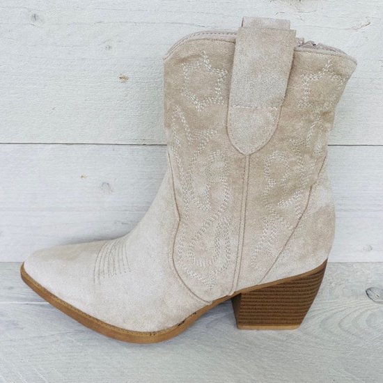 SmileFavorites® Dames Cowboylaarzen met Hak Kort - Beige - Suedine - Maat 37