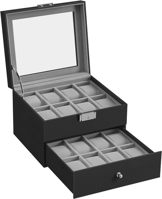 Horlogedoos - Horlogebox - Met glazen deksel en Slot - 2 vakken - Grijs Zwart