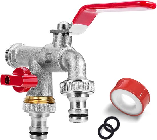Tuinkraan, dubbele tapkraan, 1/2 inch, van messing, roest- en vorstbestendig, met 2 x 3/4 inch uitgangen, dubbele aansluiting en slangtuit voor tuin, wasmachine, regenton (zwart