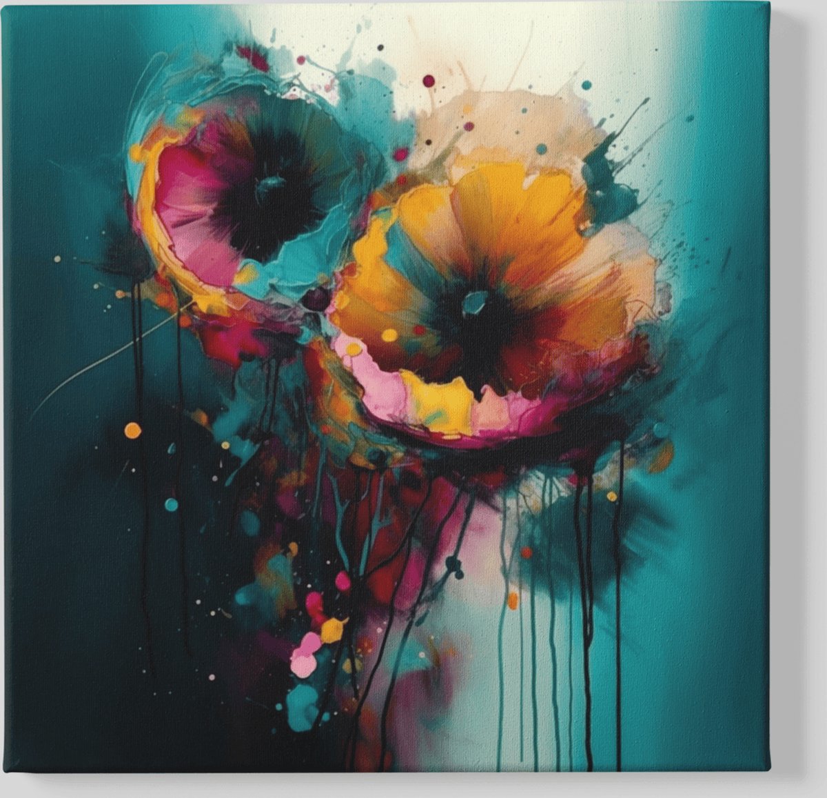 Trendex Global Canvas Schilderij Bloemen - Abstract - Vierkant Schilderij - 100x100x2 cm Kleurrijk