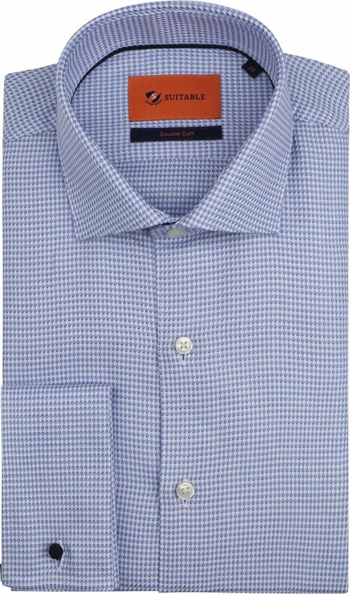 Suitable - Overhemd Dubbel Manchet Print Blauw - Heren - Maat 42 - Slim-fit