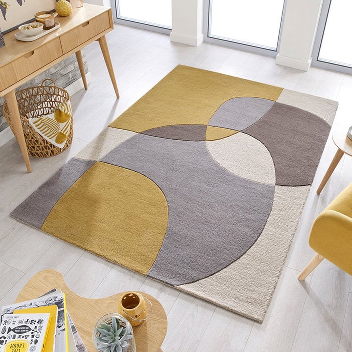 Flycarpets Rado Glow Modern 3D Design - 100% Wol Vloerkleed - Okergeel - 160x230 cm