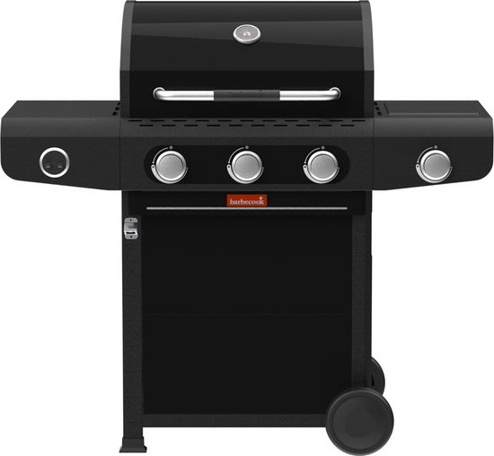 Zwarte gasbarbecue met drie branders, twee zijtafels, thermometer en wielen.