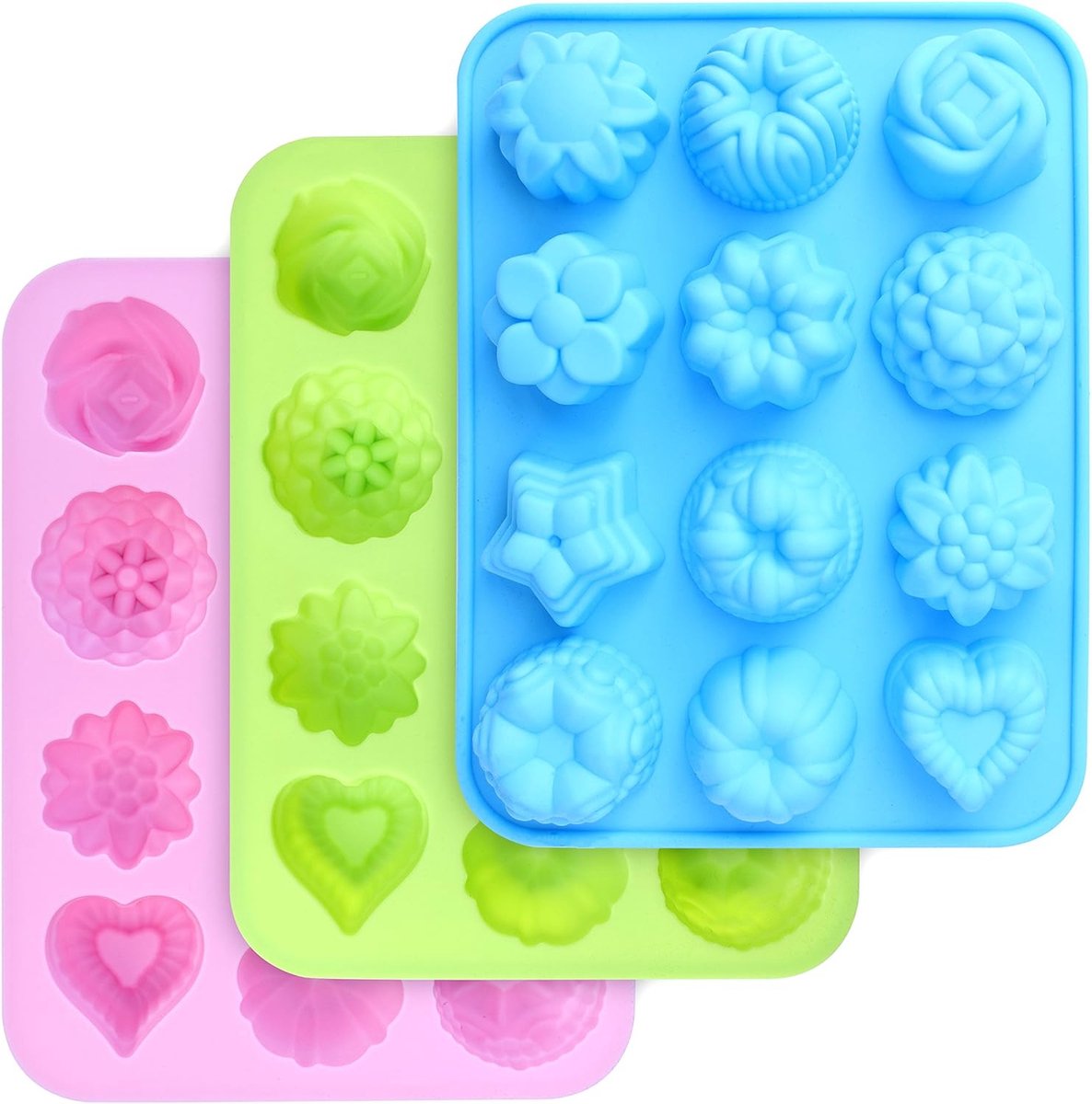 Siliconen mallen in levensmiddelenkwaliteit, bakvorm met bloemen- en hartvorm, anti-aanbaklaag, 3 stuks siliconen vormen voor bonbons, snoep, gelei, ijsblokjes, muffin (roze, blauw en groen)