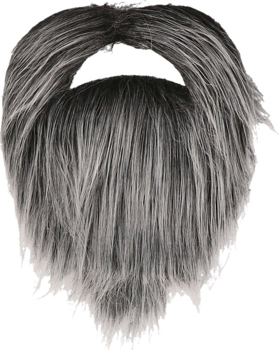 Barbe et moustache grises et noires, avec des pointes lâches.