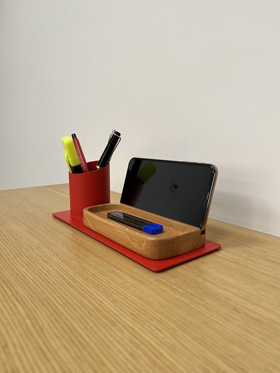 Furni24 Organisateur de bureau porte-stylo, support de téléphone (10x10x25 cm, rouge)