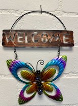 Metalen decoratie tuin hanger "welcome" vlinder - meerkleurig + oranje - hoogte 30 x 20 x1cm - Woonaccessoires - Decoratieve hangers - Tuinaccessoires
