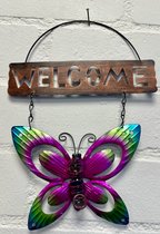 Metalen decoratie tuin hanger "welcome" vlinder - meerkleurig + roze - hoogte 30 x 20 x1cm - Woonaccessoires - Decoratieve hangers - Tuinaccessoires