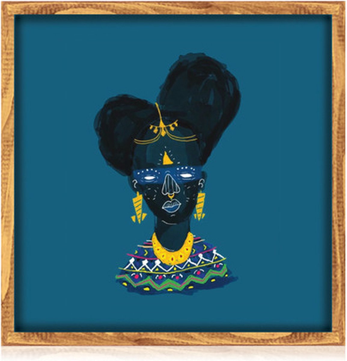 Wanddecoratie - Spiegel Afrikaanse vrouw - Blauw - schilderijen woonkamer - 30x30 cm - Posterlijst - Muurdecoratie