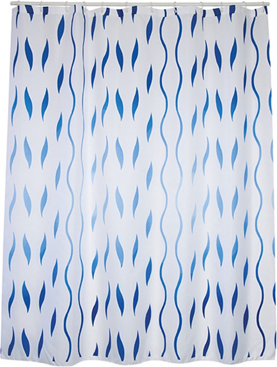 MSV Douchegordijn met ringen - wit/blauw - golven print - Polyester - 180 x 200 cm - wasbaar - Voor bad en douche