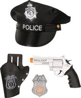 Carnaval verkleed politiepet - zwart - met pistool/badge - heren/dames - verkleedkleding accessoires