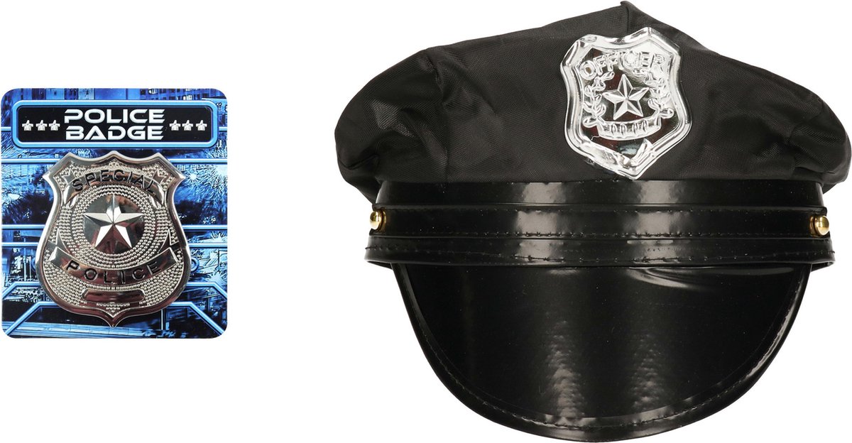Carnaval verkleed politie agent pet/cap - zwart - met police badge - kinderen - accessoires