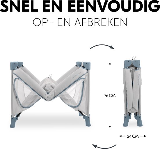 Reiswieg in opgevouwen en uitgeklapte toestand, met afmetingen 76cm hoog en 24cm breed. Snel en eenvoudig op te zetten.