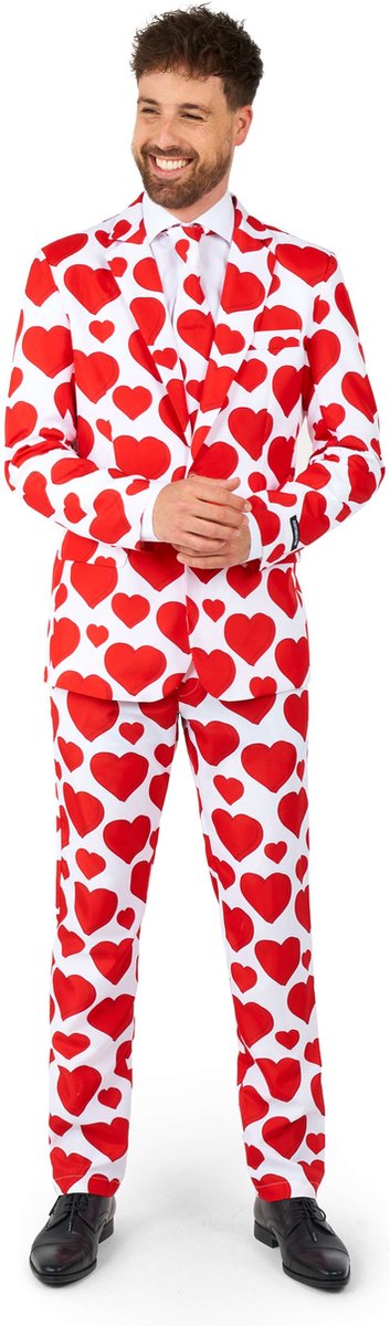 Suitmeister Love - Heren Pak - Valentijnsdag - Liefde en Hartjespak - Inclusief Pantalon, Blazer en Stropdas - Wit - Maat: L