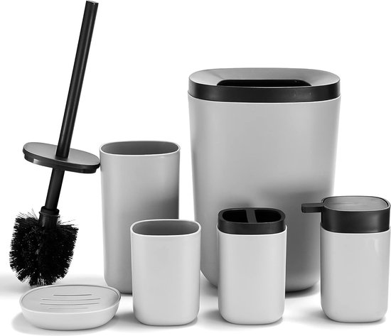 Bathlux Modern Design 6-delige badkameraccessoireset, toiletborstel, afvalbak, zeepbakje, tandenborstelhouder, zeepdispenser, spoelbeker ( donkerroze