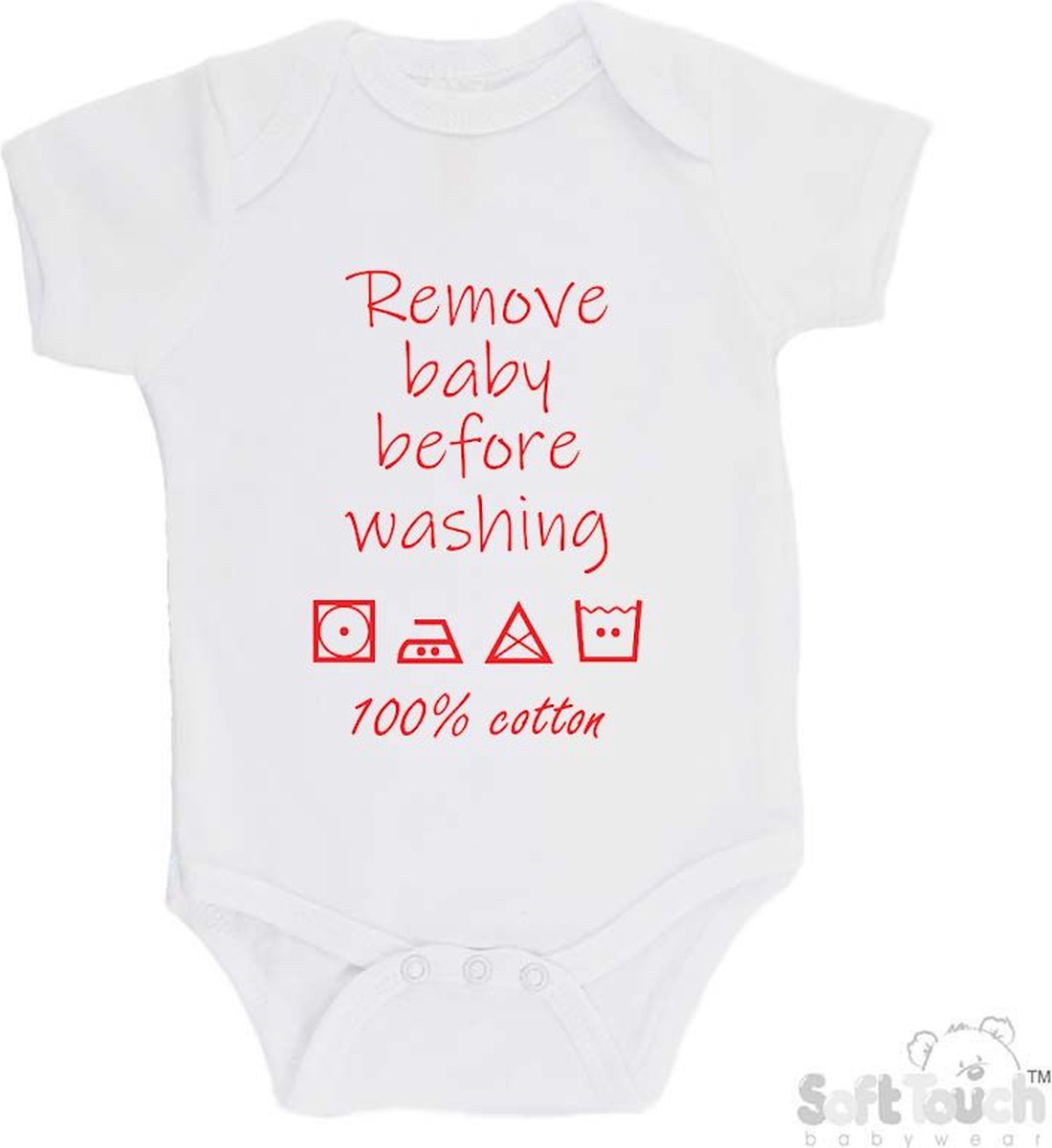 100% katoenen Romper "Remove baby before washing 100% cotton" Unisex Katoen Wit/rood Maat 68/74