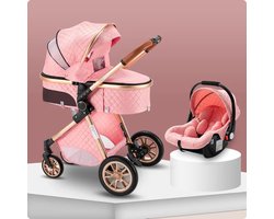 Luxe Multifunctionele 3-in-1 Combi Kinderwagen - Kwalitatieve Buggy - Buggy's - Opklapbare Wandelwagen - Incl. Autostoel - Pink - Roze