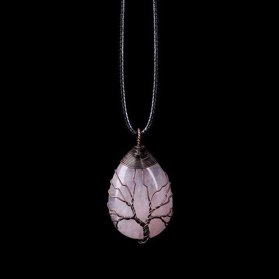 Élégant collier d’arbre de vie en quartz rose fait à la main