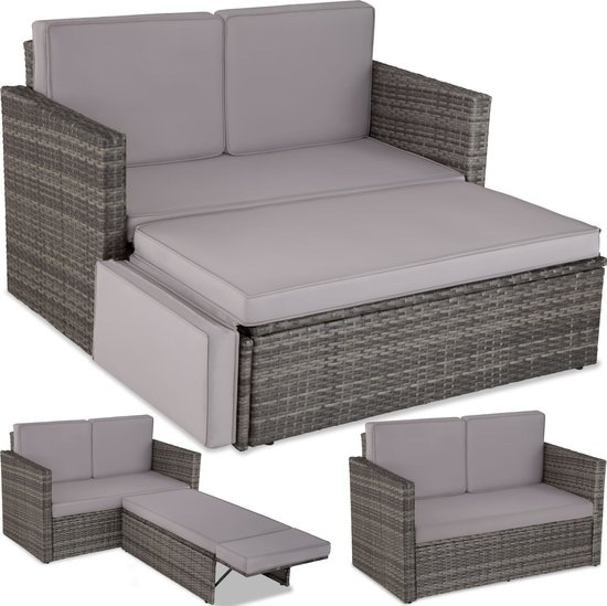 tectake® - Wicker loungesofa tuinstoel ligbed - bankstel - 2-zits fauteuil met kruk en slaapfunctie, kleine wicker bank als buitentuinmeubel, voor lounge, balkon en tuin, opvouwbaar met kussens- grijs - poly-rattan