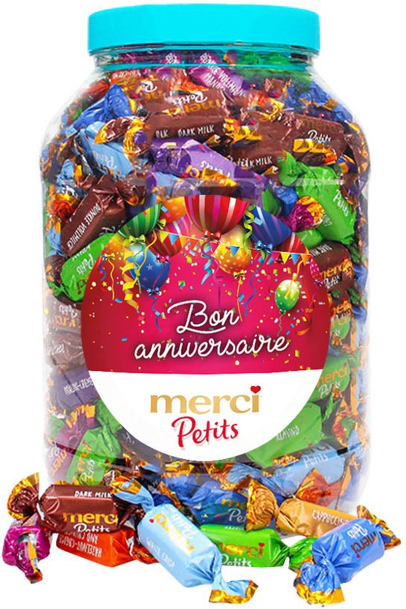 merci Petits bonbons de chocolat - "Bon Anniversaire" (design 2) - verjaardagscadeau - 8 smaken - 1400g
