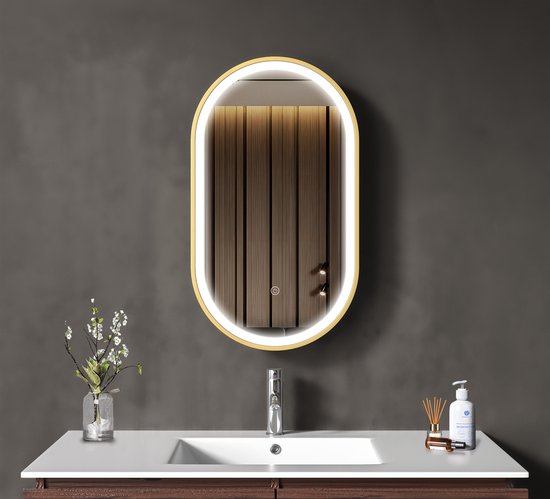 LOMAZOO Badkamerspiegel met Verlichting - Spiegel met Verlichting - - Spiegel Goud - Badkamer spiegel - 40 x 70 cm - Ovaal [BERLIN]