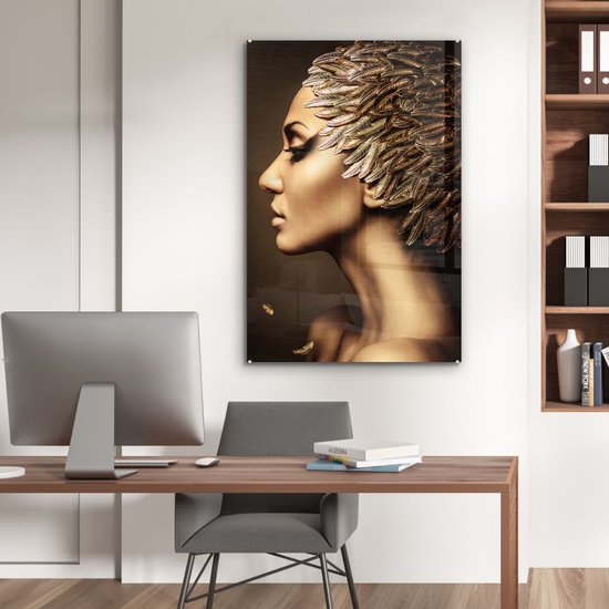 MuchoWow® Peinture sur verre 80x120 cm - Peinture sur verre - Femme - Abstrait - Or - Portrait - Photo sur verre acrylique - Décoration murale salon - Décoration murale chambre - Peintures