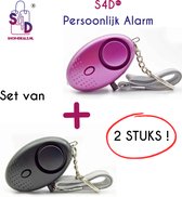 S4D® - Persoonlijk Zakalarm - Paniekalarm - Senioren Alarm - Veiligheid Alarm - Persoonlijke Alarmknop - Zelfverdediging Sirene - 130 Decibel - Incl. Batterijen - Met LED Zaklamp - Set Van 2 Stuks - Zwart + Paars