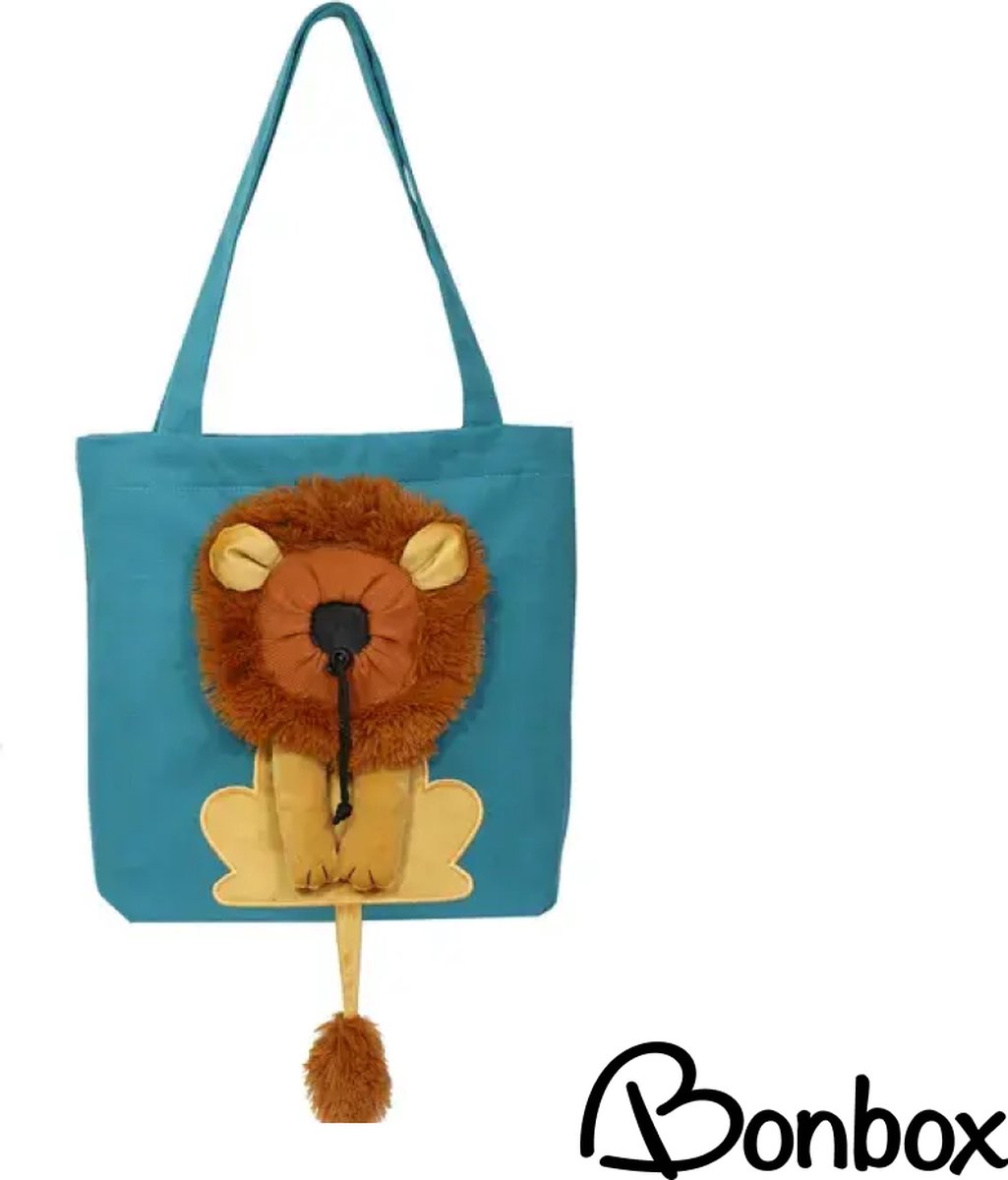 Kattendraagtas S blauw met leeuwenmotief - canvastas voor katten met sluiting - op stap met je kat - reistas kleine hond - draagzak - Bonbox Shop - Tot max 3.0 kg