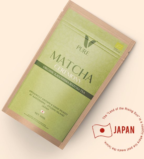 Foto: Purevitamines premium ceremoni le matcha thee geselecteerde matcha bladen uit kyushu island japan 100 biologisch gecertificeerd 100 gram groen