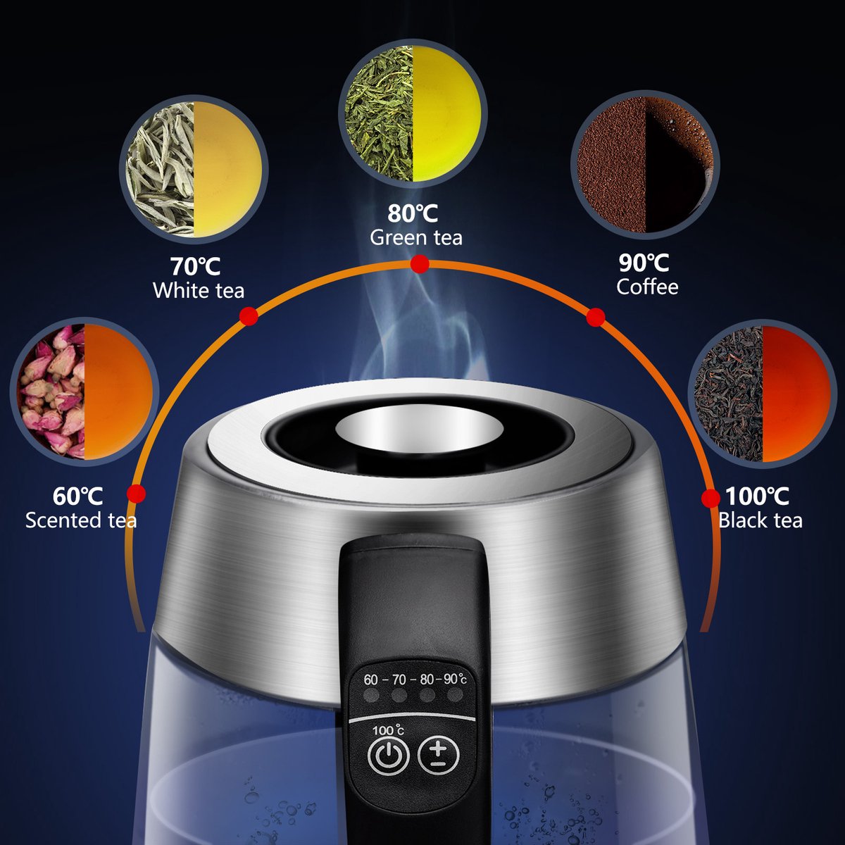 Aigostar Cris - Waterkoker met Temperatuurregeling en Warmhoudfunctie - Glas - 1,7L - 2200W - LED Verlichting - Inclusief Theefilter — afbeelding 4