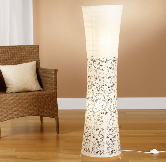 Trango Design Lampadaire 1240L *KOS* Lampe en papier de riz *HANDMADE* en blanc avec motif floral avec 2x lampe LED E14 de 5 Watt - Forme : Ronde - Hauteur : 125 cm - Lampe de salon - Lampadaire en papier de riz